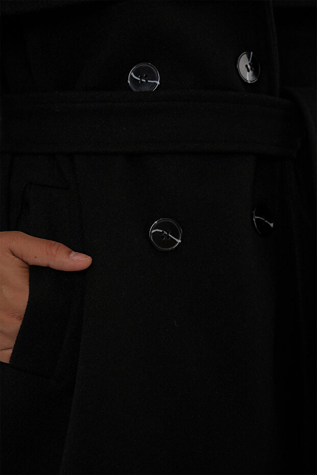 Kadın Kuşaklı Oversize Kaşe Kaban 9157 - Siyah - 6