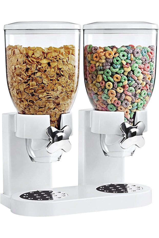 Double airtight clear container cereal dispenser with built in spill tray for dry food, breakfast ce