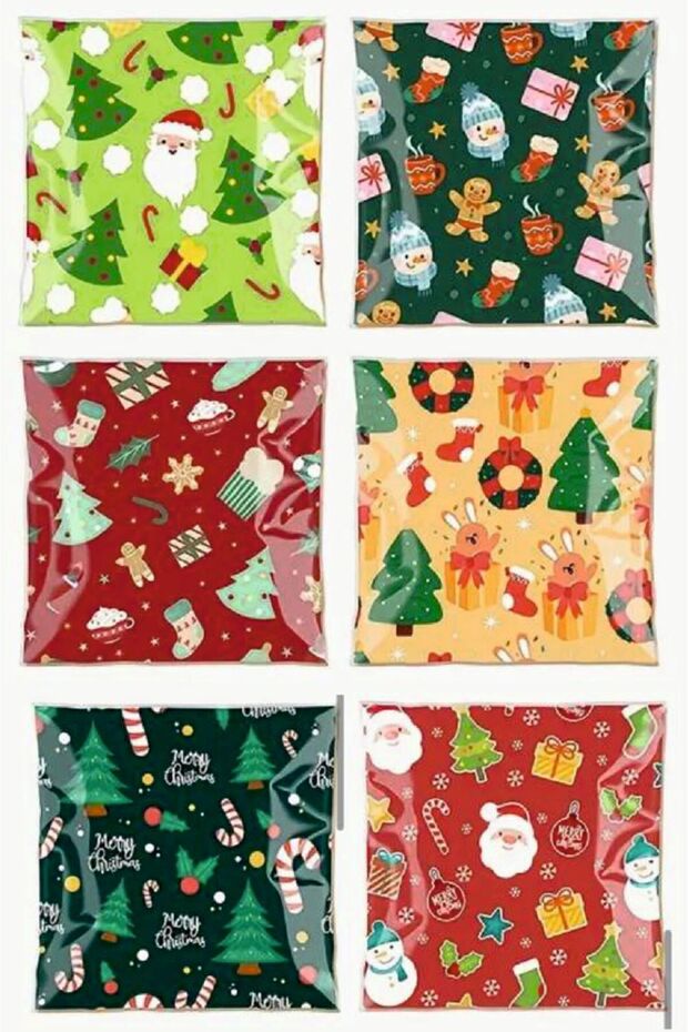 Yılbaşı Desenli Bantlı Şeffaf Poşet 12 Adet (10*10 cm) - 1