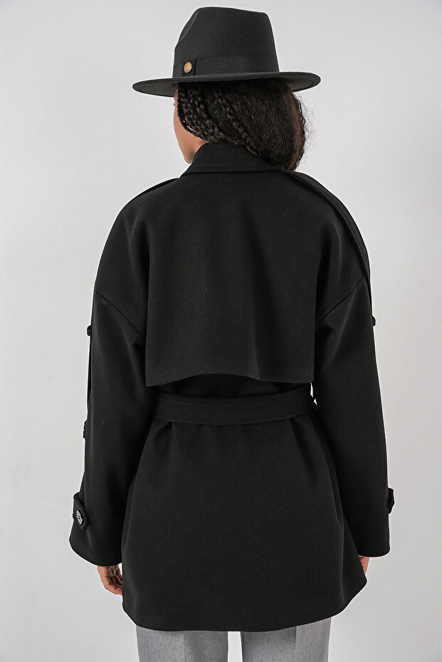 Kadın Kuşaklı Oversize Kaşe Kaban 9157 - Siyah - 7