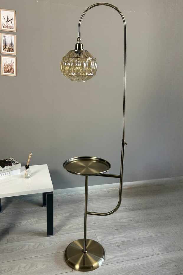 Şila Bal Rengi Cam Eskitme Gövde Tepsili Hareketli Başlık Lambader Modern Oturma Odası - 3