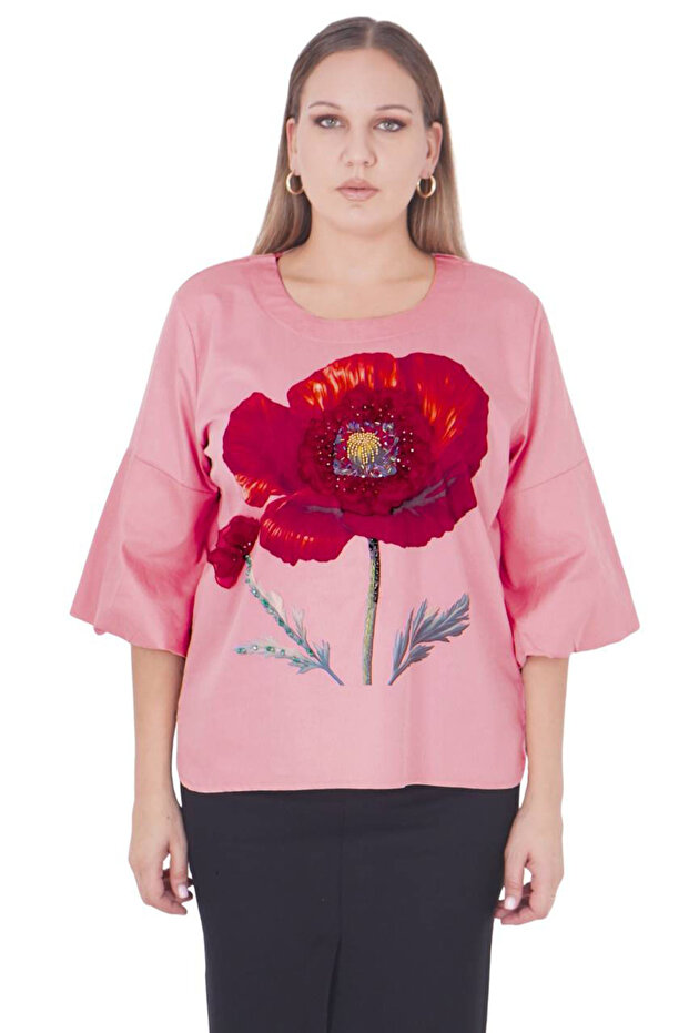 Plus Size Floral Motif Watermelon Sleeve Blouse