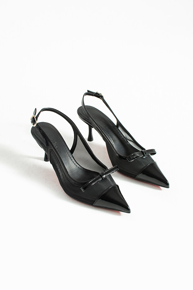Siyah Rugan Şeffaf Detaylı Fiyonklu Stiletto – 7 cm İnce Topuklu Zarif Abiye ve Günlük Ayakkabı - 6