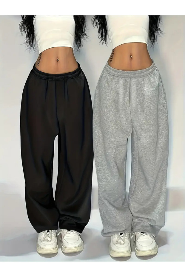 Fleece-Lined Winter Women's 2-Piece Black + Gray Sweatpants Wide Leg Baggy Plus Size with Pockets Adjustable