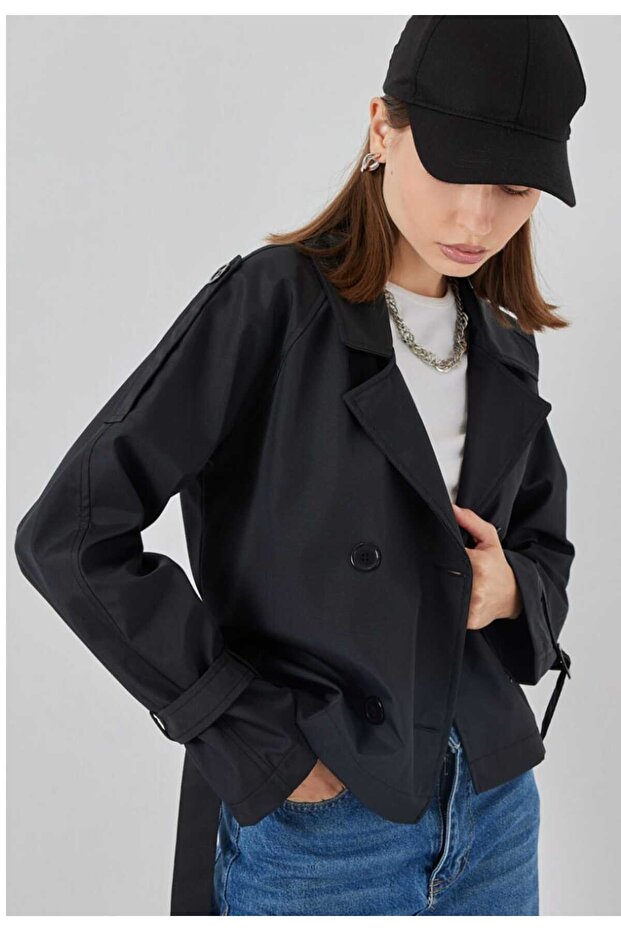 SİYAH KISA TRENCHKOT - 4