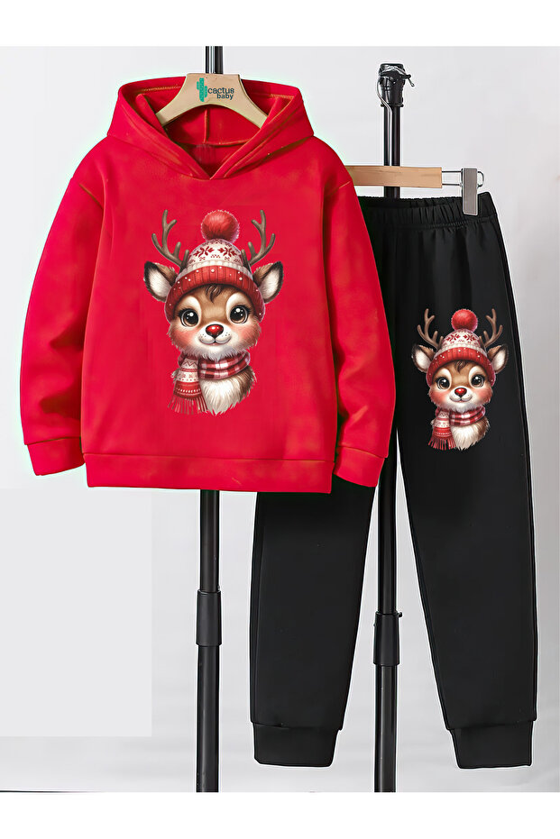 Hooded Sweatshirt Children's Bottom Top Set 3 Thread Cotton Christmas Deer