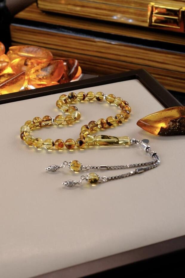 Intense Earth Fossil Wrist-Length Silver Design Drop Amber Prayer Beads (Amber), (Amber Drop Prayer Beads)