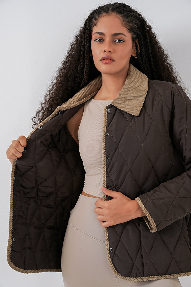 Kadın Kapitone Oversize Mont 5226 - Kahve Bej - 4