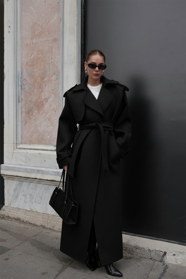 Epaulette and Piece Detail Lined Premium Quality Relaxed Fit Belted Women’s Melton Coat Jacket