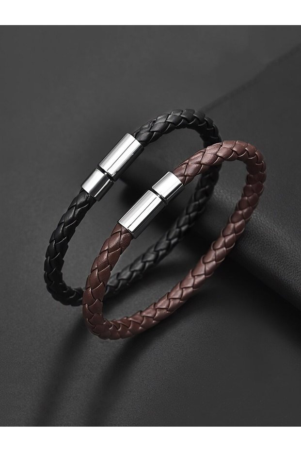 21cm 2 pcs 2PCS Black Plus Brown PU Leather Men's Magnetic Suction Bracelet Business The and Elegan