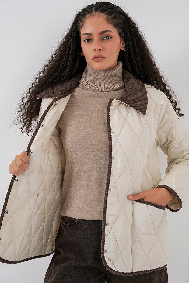 Kadın Kapitone Oversize Mont 5226 - Ekru Kahve - 4