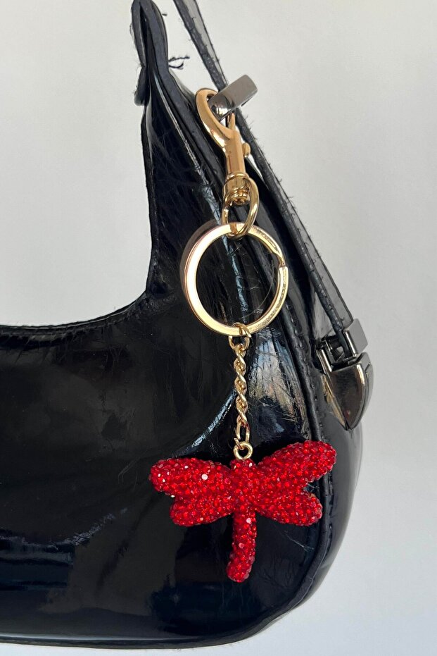 Gold Color Dragonfly Figured Red Stone Detailed Bag Charm / Keychain