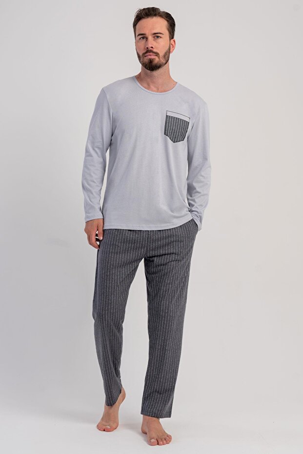 Men's Grey Color Long Sleeve Crew Neck Striped Bottom Pajama Set C9T9N0305