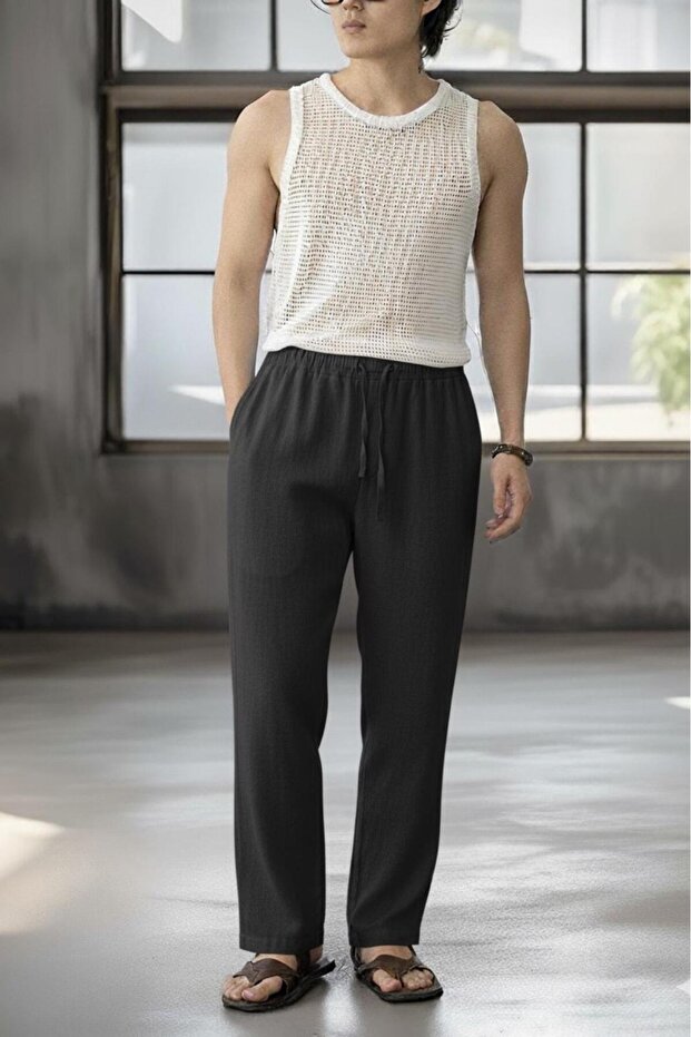 Men's Black Linen Muslin Blend Wide Leg Trousers