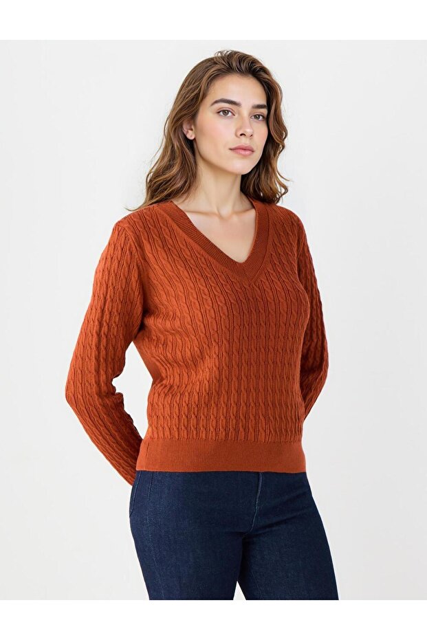 Kıremıt V Yaka Saç Örgü Desenli Triko Kazak - 4