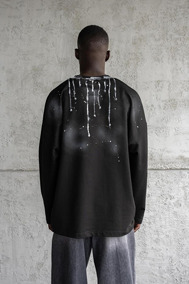Hand Made Paint Technique Long Sleeve Tee Dark Black - 4