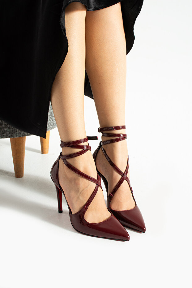 Bordo Rugan Bilekten Bağlamalı Sivri Burun Yüksek İnce Topuklu Kadın Stiletto Ayakkabı - 2