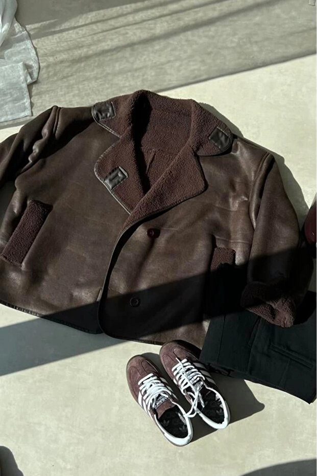 Else Acı Kahve Dokulu Süet Içi Peluşlu Oversize Zr Model Mont - 5