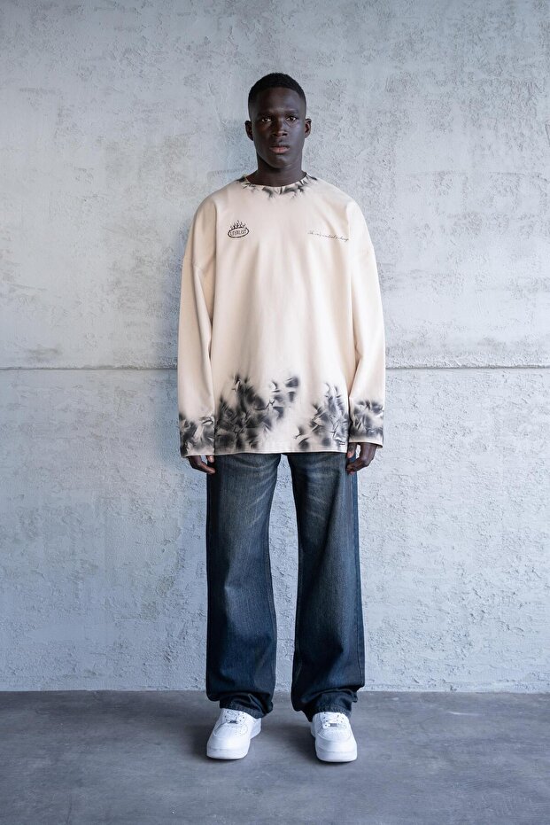 Printed And Hand Made Effected Long Sleeve Tee Soft Beige - 4