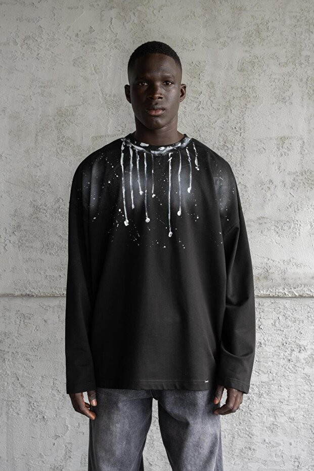 Hand Made Paint Technique Long Sleeve Tee Dark Black - 3