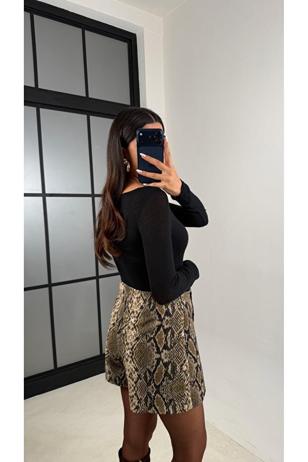 Yeşil Yılan Derisi Desenli Şort Etek GAUS-00604 - 4