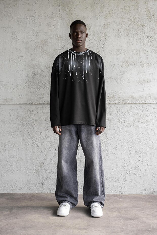 Hand Made Paint Technique Long Sleeve Tee Dark Black - 5