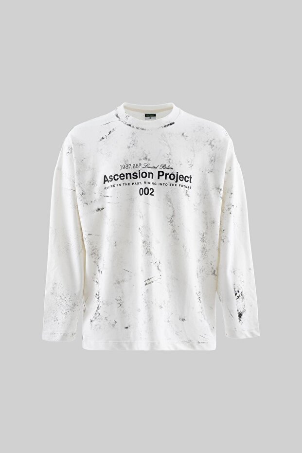 Splatter Effect and Printed Long Sleeve Tee Ecru - 1