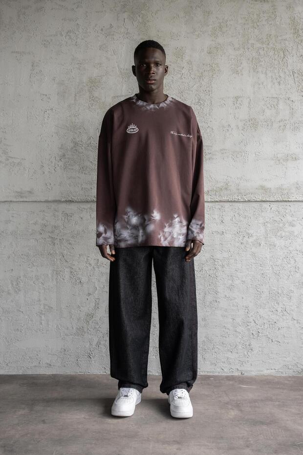 Printed And Hand Made Effected Long Sleeve Tee Oak Coffe - 5