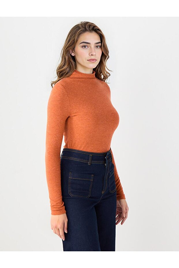 Kıremıt Yarım Balıkçı Yaka Dar Kesim Basic Örme Bluz - 4