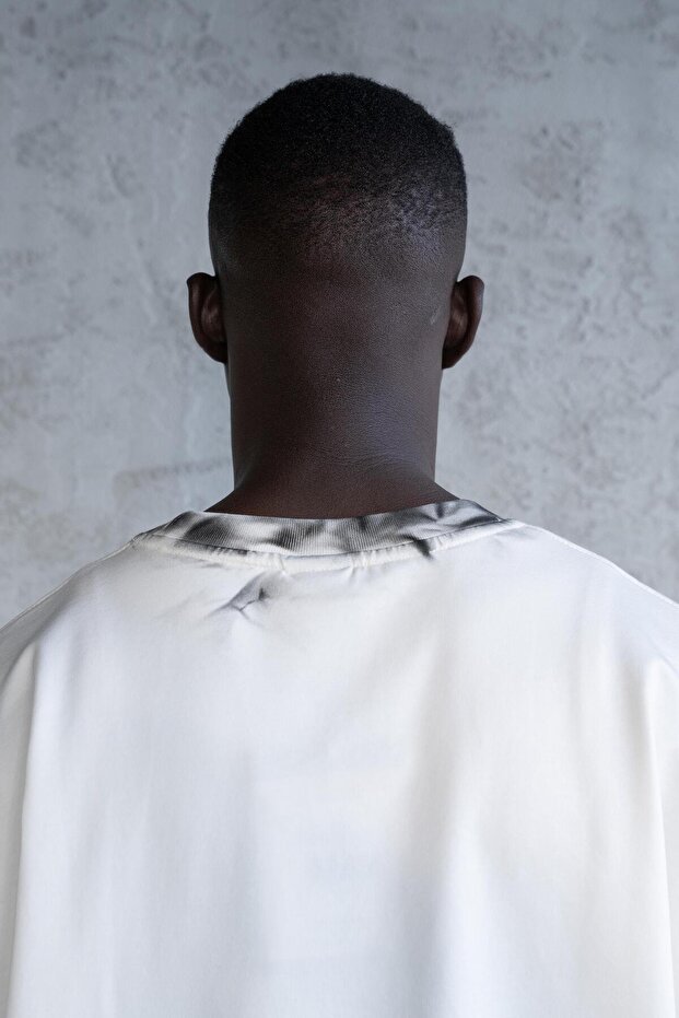 Printed And Hand Made Effected Long Sleeve Tee Ecru - 3