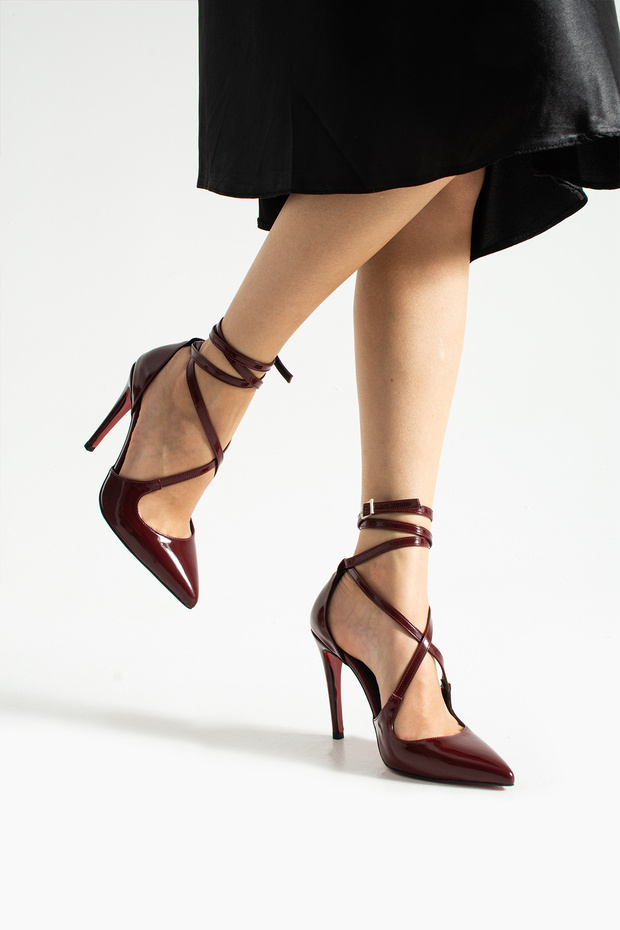 Bordo Rugan Bilekten Bağlamalı Sivri Burun Yüksek İnce Topuklu Kadın Stiletto Ayakkabı - 6