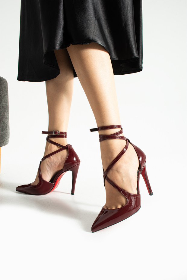 Bordo Rugan Bilekten Bağlamalı Sivri Burun Yüksek İnce Topuklu Kadın Stiletto Ayakkabı - 4