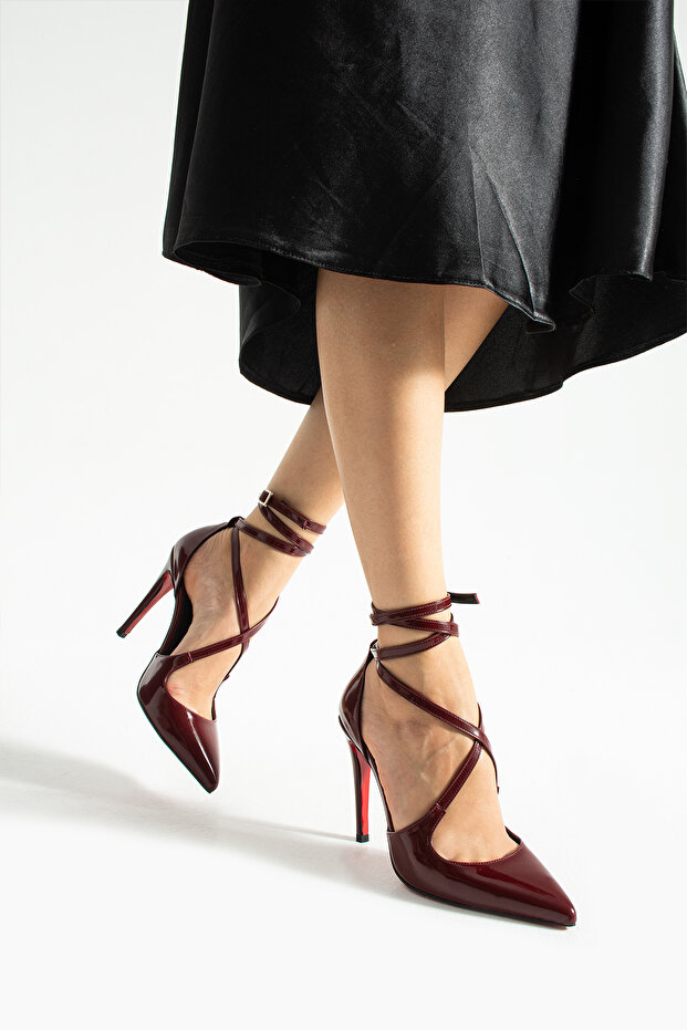Bordo Rugan Bilekten Bağlamalı Sivri Burun Yüksek İnce Topuklu Kadın Stiletto Ayakkabı - 3