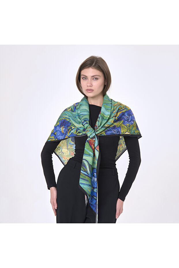 Green Patterned Large Wool Silk Shawl - 5