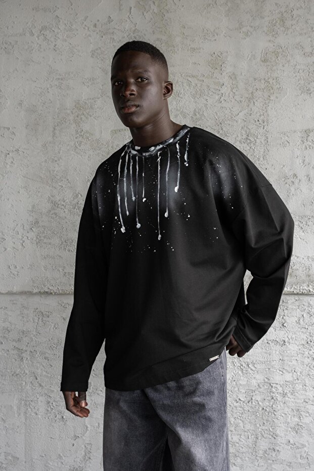 Hand Made Paint Technique Long Sleeve Tee Dark Black - 1