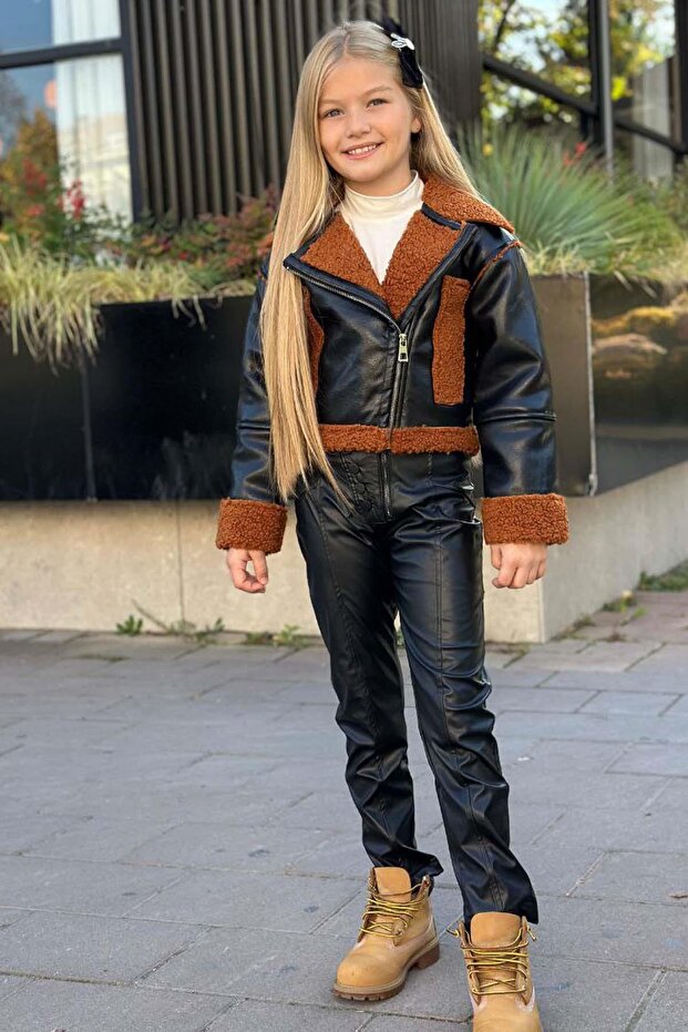 Girl's Black Jacket with Plush Detail on Sleeves and Collar Mock Neck Sweater Leather Bottom Top Set