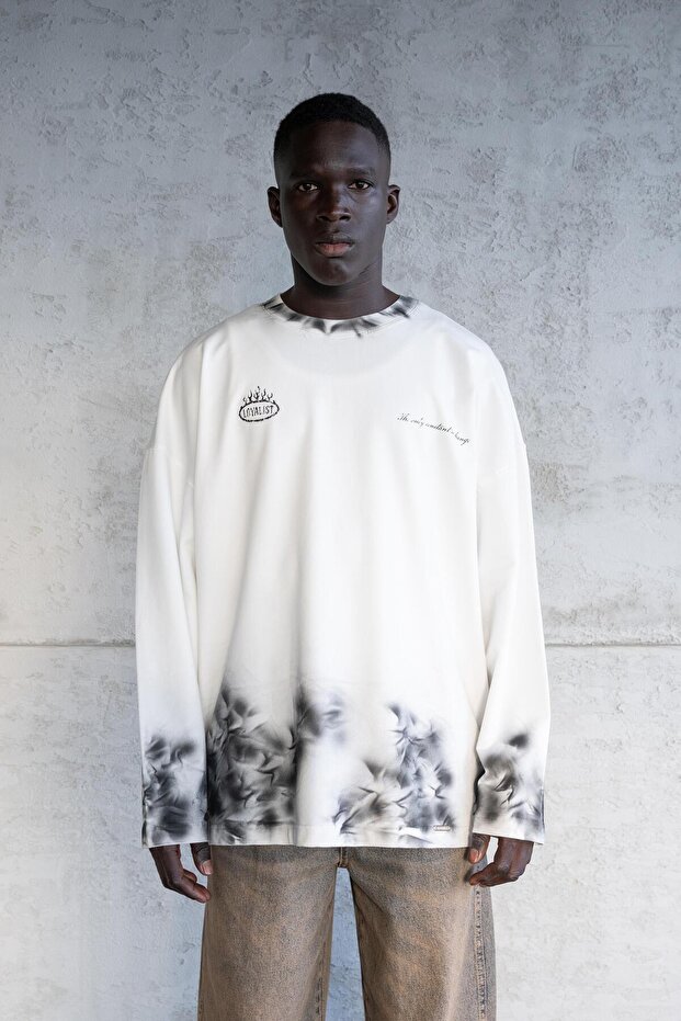 Printed And Hand Made Effected Long Sleeve Tee Ecru - 1