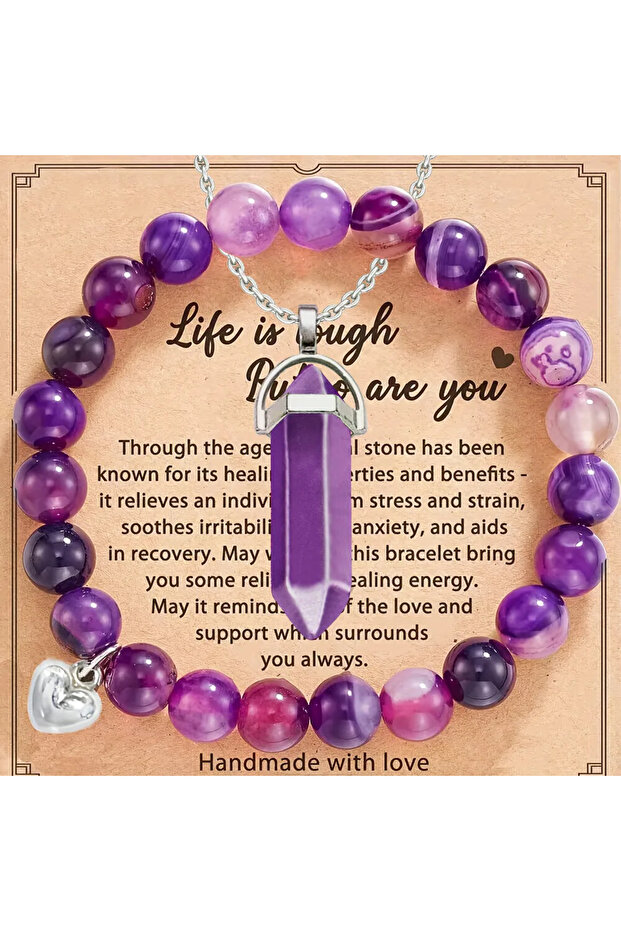 Purple-2pcs 2pcs/set Amethyst Hexagonal Column Necklace and Purple Stripe Agate Bracelet with Card G