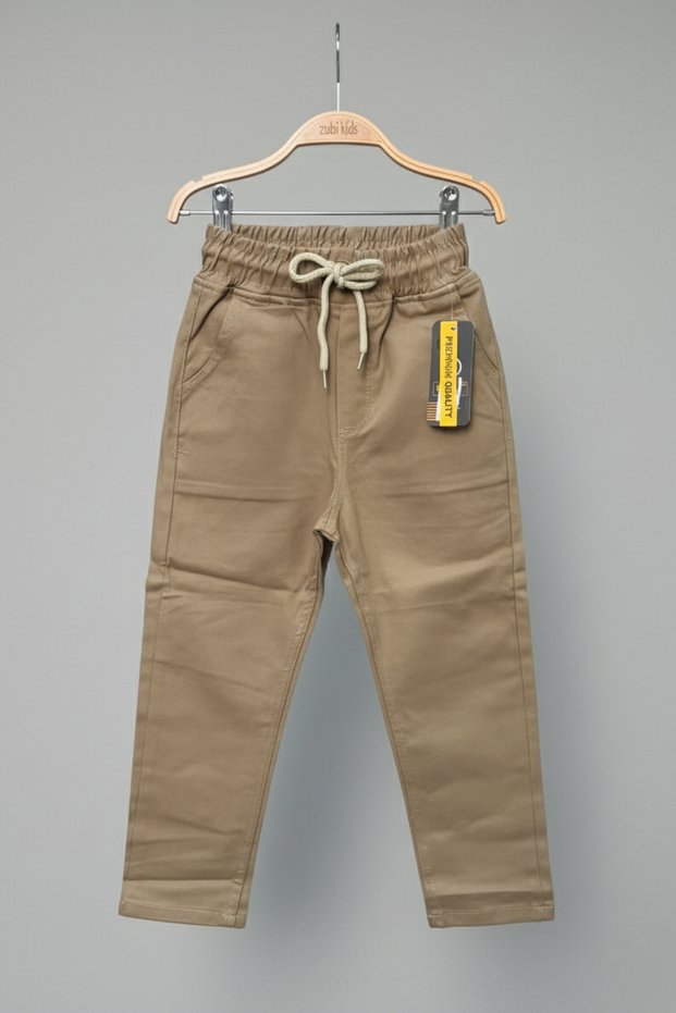 Beige Children's School Trousers with Elastic Waist and Lace-Up