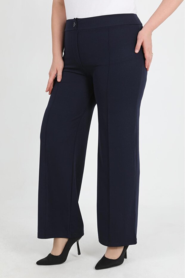 Women's Navy Blue Stretchy Waist Buttoned Wide-Leg Stretch Fabric Trousers