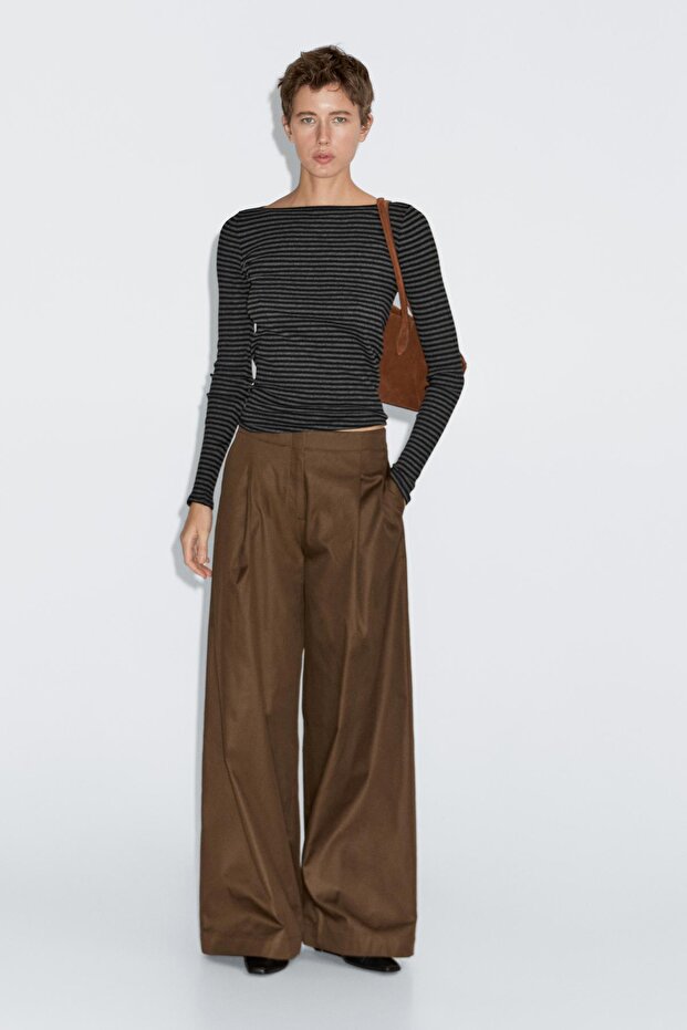 Yüksek bel geniş paça pantolon - 1