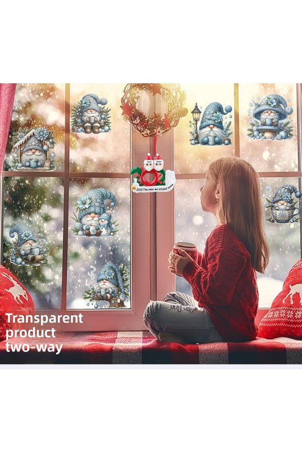 Double-Way Snow-Themed Gnomes, Glass, Wall Sticker for Glass with Soft Blue Mesh Pattern