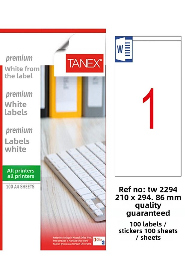 ملصق ليزر Tanex - Tw-2294 أبيض، 210*294.86 مم، 100 قطعة