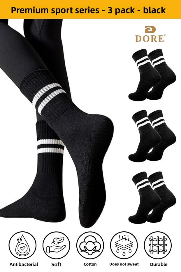Original Unisex 3 Pairs Premium Cotton 4-Season Comfortable Daily Comfort Model Two-Stripe Solid Color Sweat-Absorbent & Breathable Flexible Heel Toe Reinforced Long Sock Tennis College Sports Socks - Black