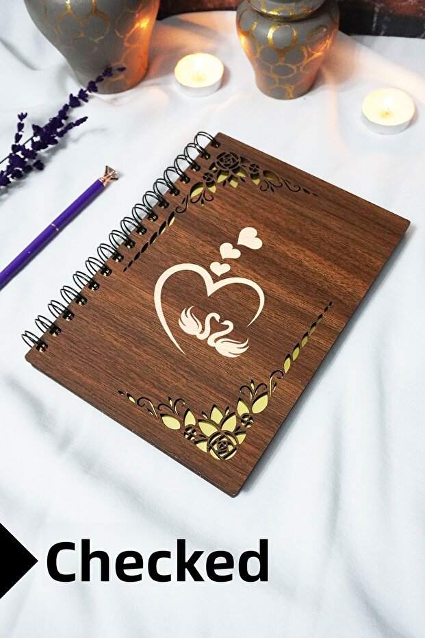 Swan Love Wooden Cover Spiral School Notebook - Checkered Notebook - 60 Sheets (120 Sheets) - A5 15X21 cm