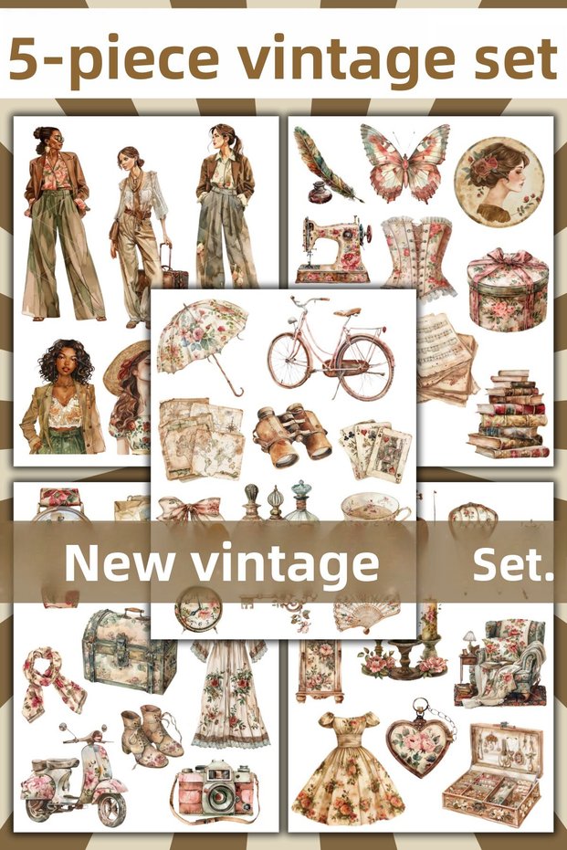 Set of 5 Vintage Nostalgic Stickers - Stickers for Agenda, Bullet Journal, Scrapbook, Laptop, Phone