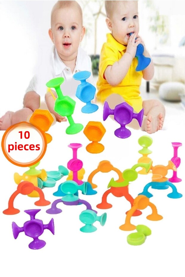 10 قطع من أحجار السيليكون مع كوب الشفط - لعبة ألغاز Popit التعليمية Squigz - 2