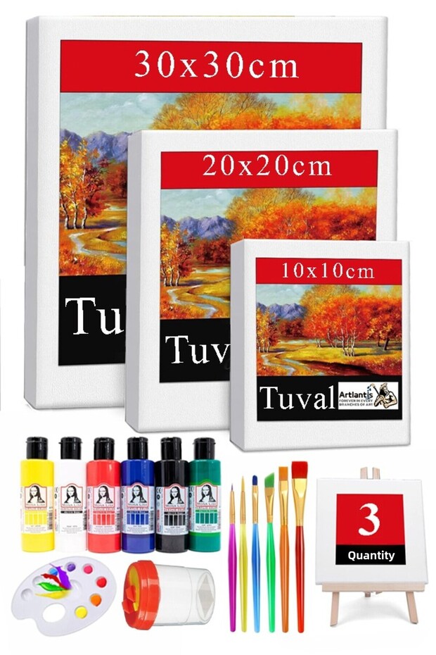Square Canvas 3 Pieces 10X10 20X20 30X30Cm Blank Canvas Painting with 6 Acrylic Paint Brush Palette Picture Canvas Ak
