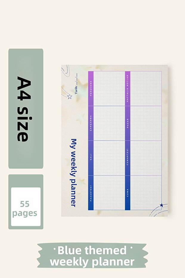 مخطط أسبوعي، 55 ورقة مقاس A4 مخطط أسبوعي أزرق - 1