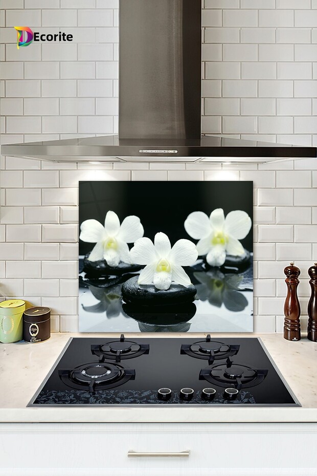 Glass Stove Back Protector| 3-Piece Orchid on the Stone| 52cm X 60cm